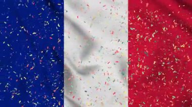 Kağıt konfetiyle kusursuz Fransız bayrağı. Fransa 'nın en iyi bayrak dalgası. Bağımsızlık günü, konfetili bir kutlama ve bayrak geçmişi Rüzgarda sürekli dalgalanan