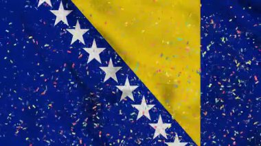 Bosna-Hersek kağıt konfetiyle kusursuz bir animasyon bayrağı. En iyi bayrak dalgası stoku. Bağımsızlık günü, konfetili bir kutlama ve bayrak geçmişi Rüzgarda sürekli dalgalanan