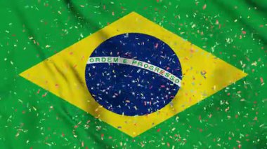 Brezilya bayrağı kağıt konfetiyle kusursuz bir animasyon. Brezilya 'nın en iyi bayrak dalgası. Bağımsızlık günü, konfetili bir kutlama ve bayrak geçmişi Rüzgarda sürekli dalgalanan