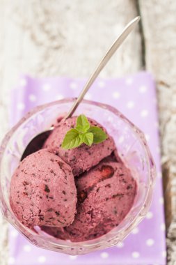 yaban mersini dondurma topları nane yaprakları ile dekore edilmiştir.
