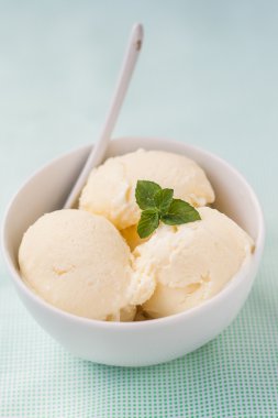 vanilyalı dondurma topları nane yaprakları ile dekore edilmiştir.