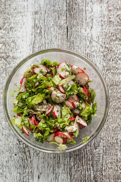 Salada com rabanetes, alface e queijo no prato — Fotografia de Stock