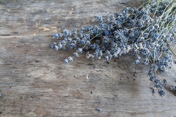 躺在木桌背景的新鲜薰衣草花束 — 图库照片