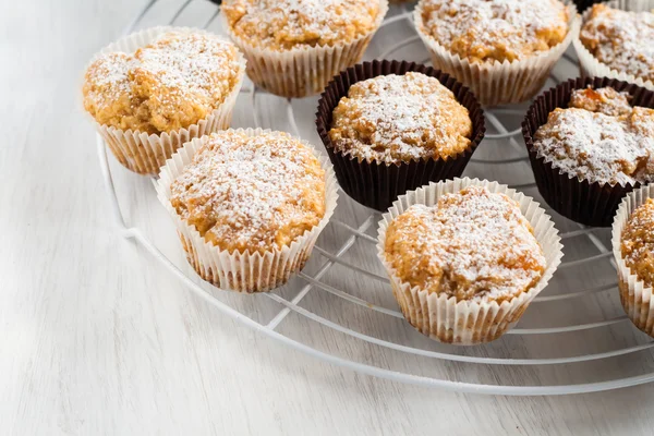 Vanilla pumpkin muffins, cakes sprinkled with powdered sugar — Stock Photo, Image