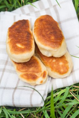 sosis kızarmış kek kısmındaki bir havlu çim üzerinde yalan