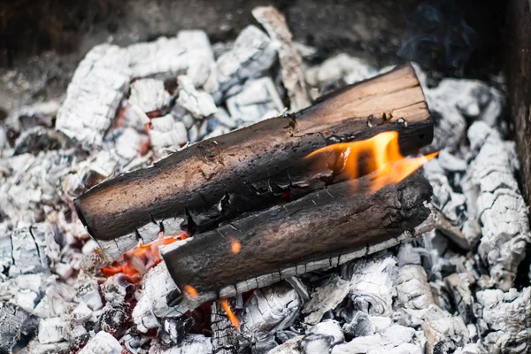 Brennholz in der Halle mit Asche und Feuer — Stockfoto