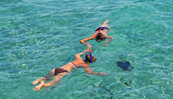 Dvě dívky a ryby plavat s maskami z Rudého moře, Egypt — Stock fotografie