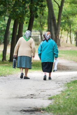 bir orman yolu boyunca arkasından iki yaşlı kadın yürüyüş