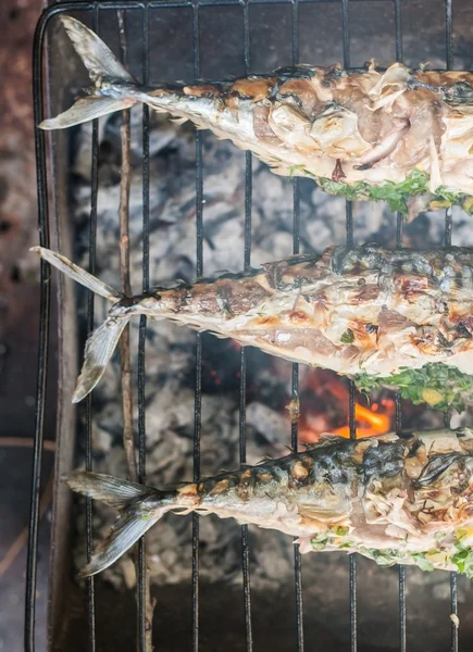 stock image Mackerel fish prepared on the grill in smoke