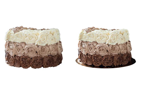 用三块巧克力奶油玫瑰装饰的生日蛋糕 — 图库照片