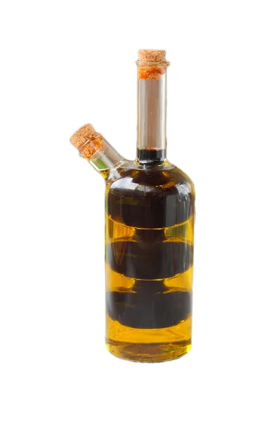 Garrafa com vinagre de oliva e balsâmico iaslom isolado — Fotografia de Stock