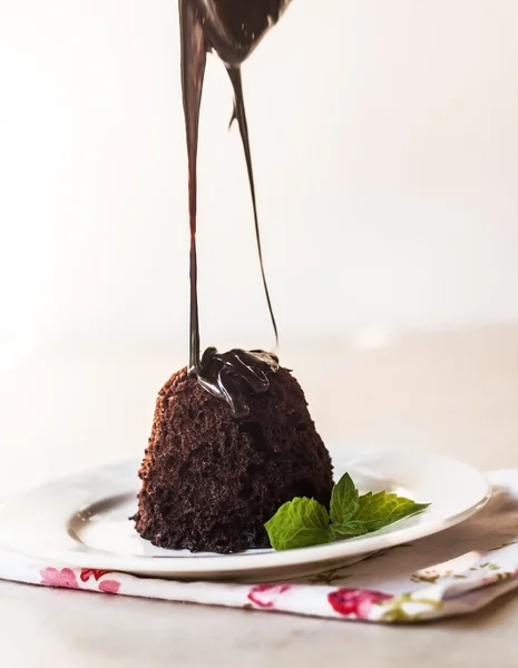 to pour chocolate cake with chocolate syrup and mint leaves on a