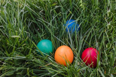 Çimlerde boyanmış ve dekoratif Paskalya yumurtaları. Üst görünüm, alanı kopyala