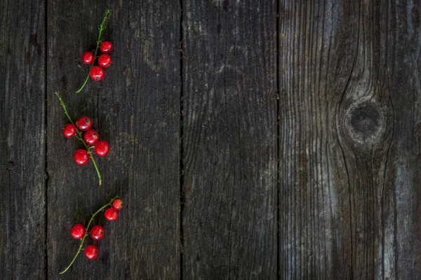 Groselhas vermelhas frescas suculentas em um fundo de madeira velho escuro, vista superior — Fotografia de Stock