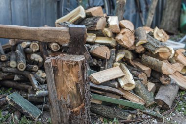 Arka planda kesilmiş ağaçlar olan büyük bir balta.
