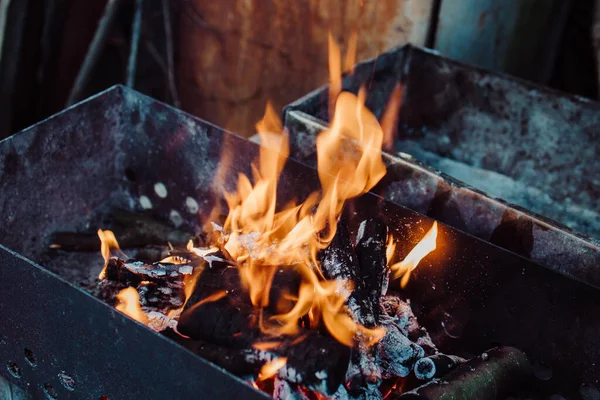 用暗淡的颜色在烤架上烧柴火 免版税图库图片
