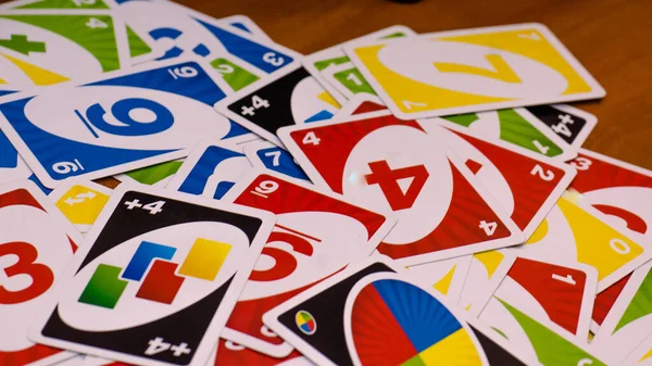 December 2020 View Uno Card Game Scattered Cards Game Uno — Stock Photo, Image