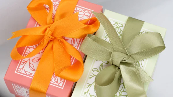 Pink Gift Box Green Box Bows Celebration — Stock Photo, Image