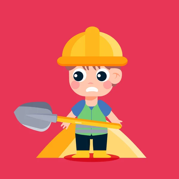 Laborer Cute Little Boy Cartoon Character Holding Shovel — Stock Vector