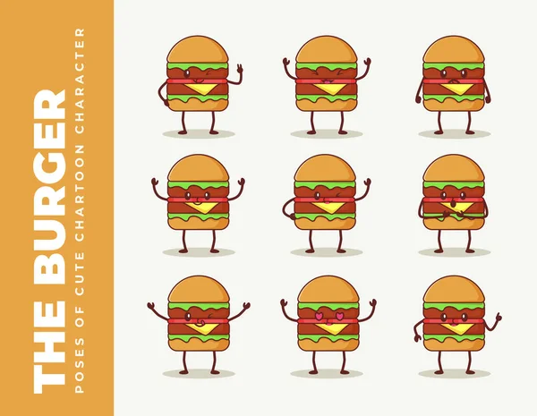 Burger Cute Character Pose Bundle — Stock Vector