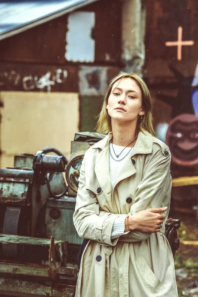 Beautiful Young Stylish Blonde Woman Wearing Long Beige Coat White — Stock Photo, Image