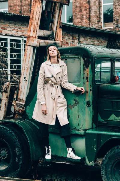 Beautiful Young Stylish Blonde Woman Wearing Long Beige Coat White — Stock Photo, Image