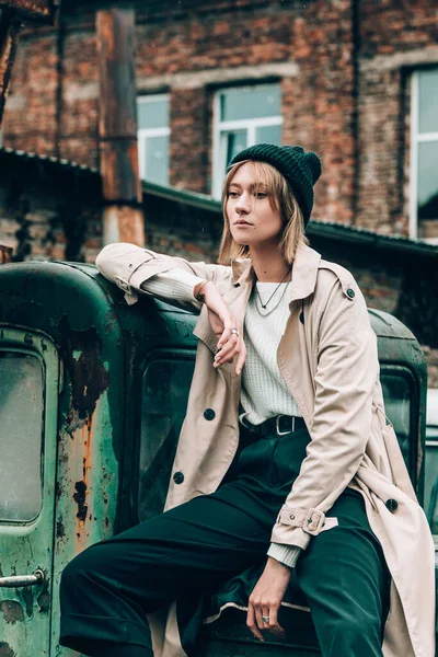 Beautiful Young Stylish Blonde Woman Wearing Long Beige Coat White — Stock Photo, Image