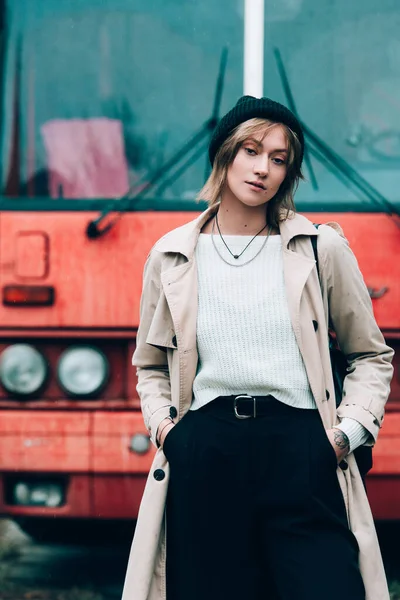 Beautiful Young Stylish Blonde Woman Wearing Long Beige Coat White — Stock Photo, Image