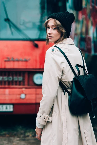 Beautiful Young Stylish Blonde Woman Wearing Long Beige Coat White — Stock Photo, Image