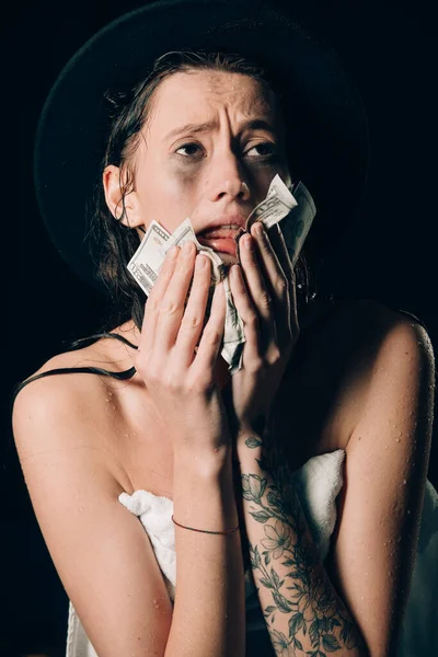 Beautiful Woman Towel Black Hat Holding Dollars Worry Distress Crying — Stock Photo, Image