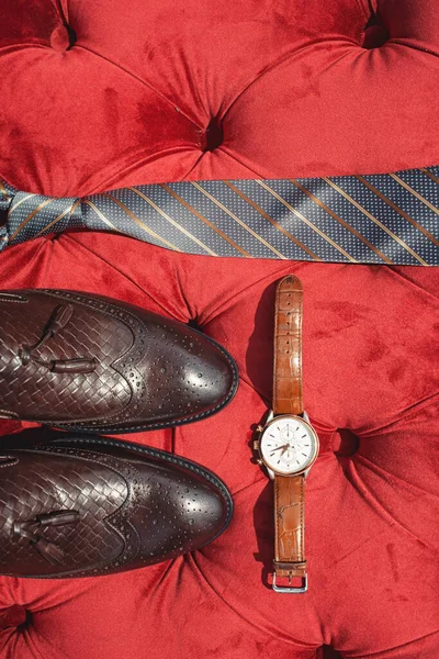 Businessman accessories. Men's Accessories : Men's tie, brown shoes and watch. Grooms Set on red sofa