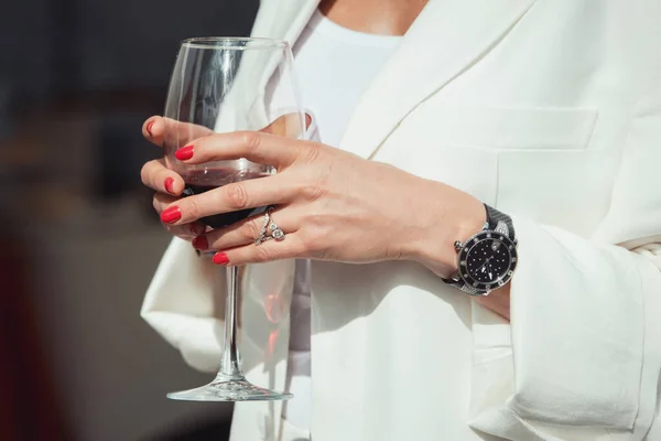 Close Hand Senior Woman Glass Champagne Expensive Exclusive Watch Diamond — Stock Photo, Image