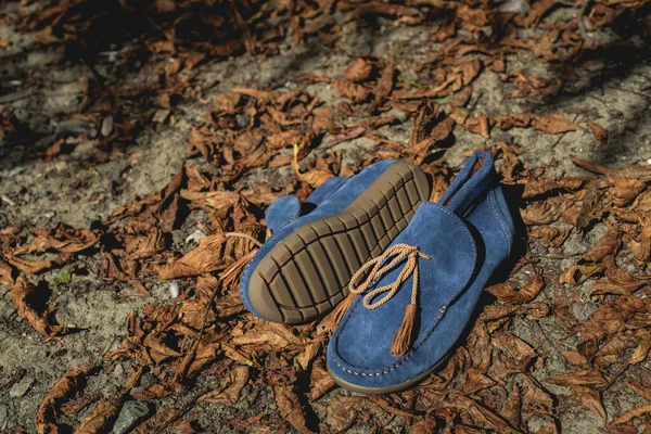 Zapatos para hombre mocasines de color azul en un otoño naranja hojas caídas — Foto de Stock