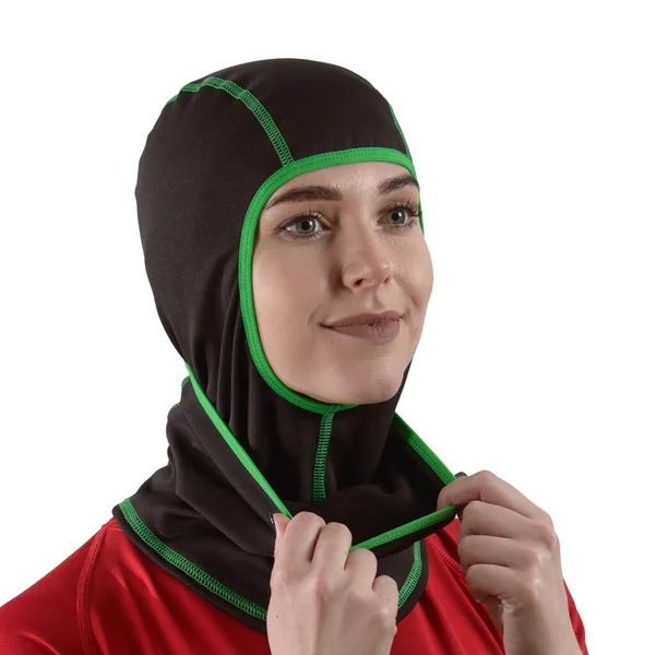 Pretty brunette with long hair in a red shirt with a black balaclava with green edging — Stock Photo, Image
