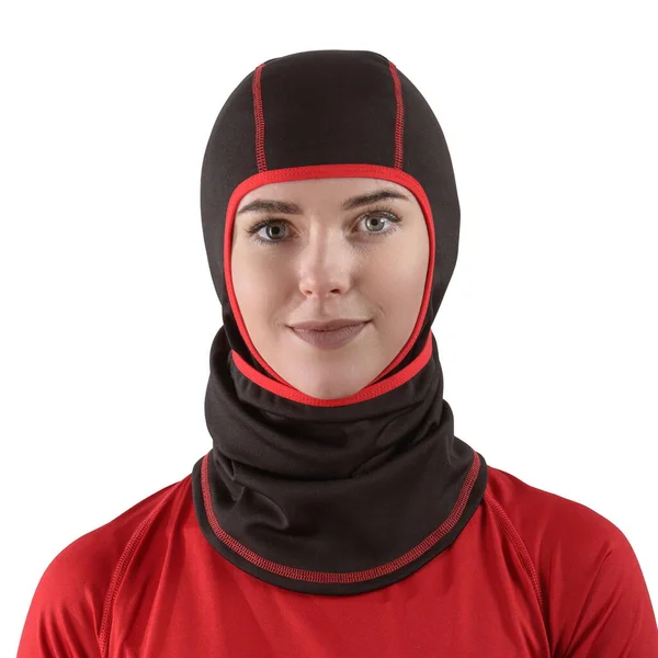 Pretty brunette with long hair in a red shirt with a black balaclava with red edging — Stock Photo, Image