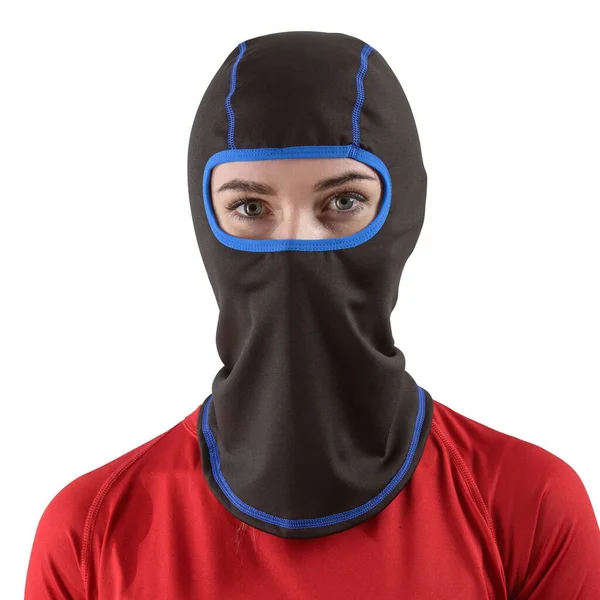 Pretty brunette with long hair in a red shirt with a black balaclava with blue edging — Stock Photo, Image