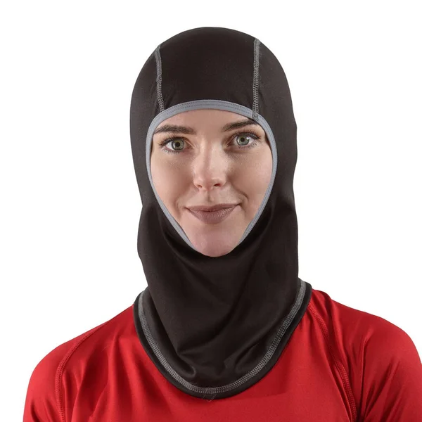 Pretty brunette with long hair in a red shirt with a black balaclava with gray edging — Stock Photo, Image