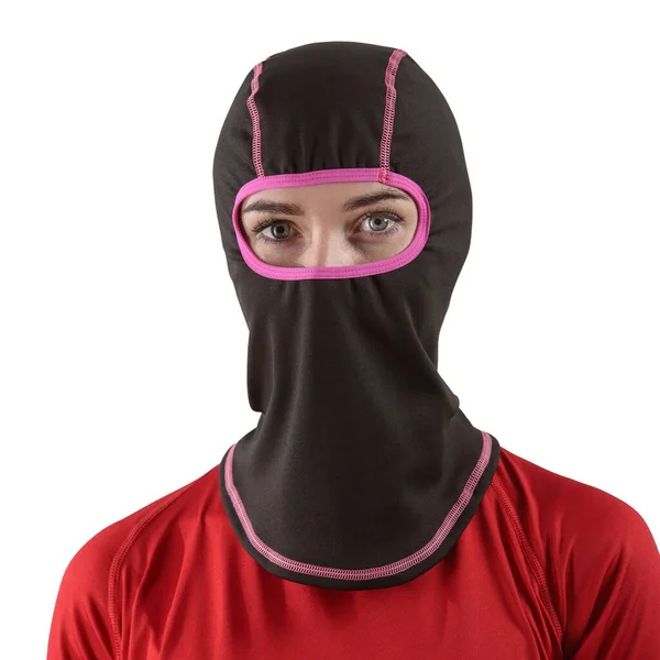 Pretty brunette with long hair in a red shirt with a black balaclava with pink edging — Stock Photo, Image