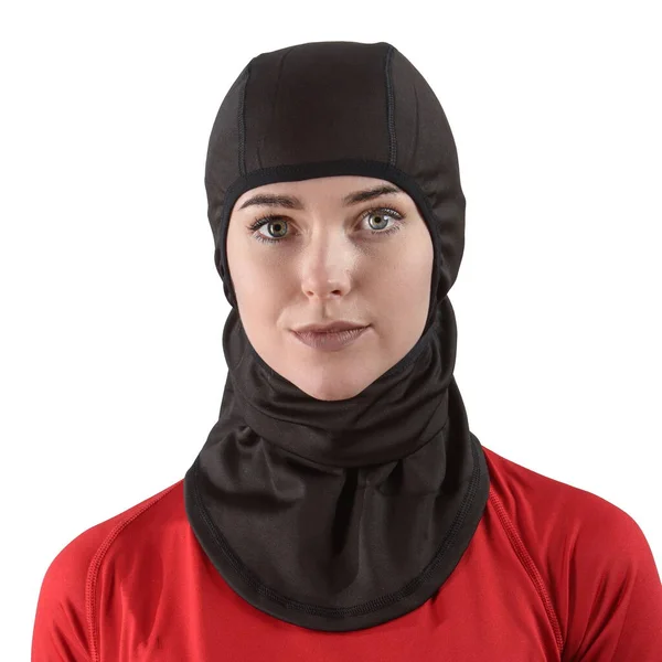 Pretty brunette with long hair in a red shirt with a black balaclava — Stock Photo, Image