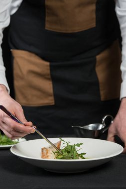 Şef bir porsiyon köfte hazırlıyor. Arugula 'yı tabağın üzerine koyuyorum.