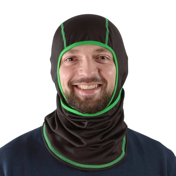 Brunette man in a blue shirt with a black balaclava with green edging — Stock Photo, Image