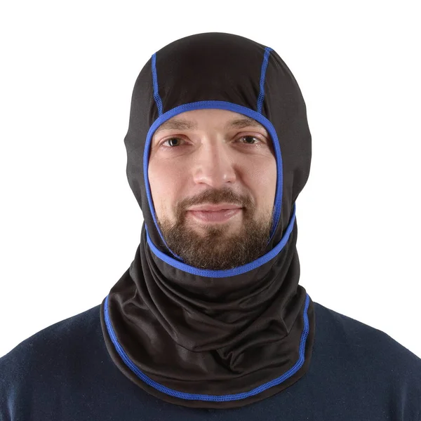 Brunette man in a blue shirt with a black balaclava with dark blue edging — Stock Photo, Image