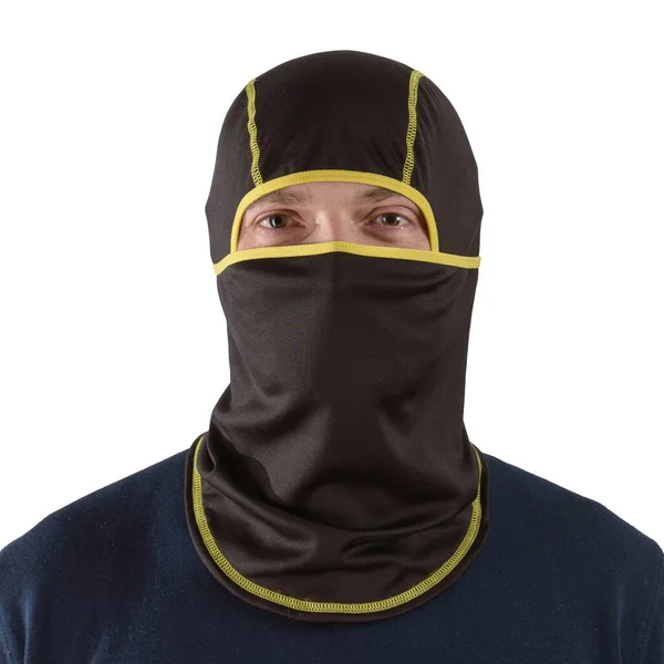 Brunette man in a blue shirt with a black balaclava with yellow edging — Stock Photo, Image