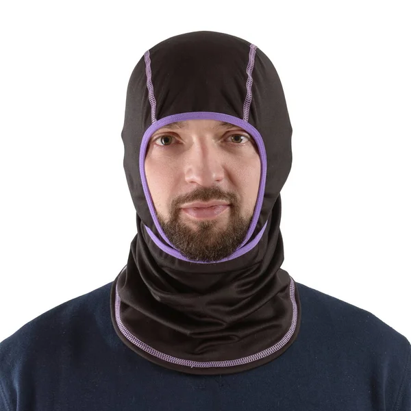Brunette man in a blue shirt with a black balaclava with purple edging — Stock Photo, Image