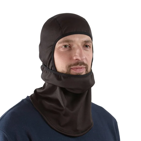 Brunette man in a blue shirt with a black balaclava — Stock Photo, Image