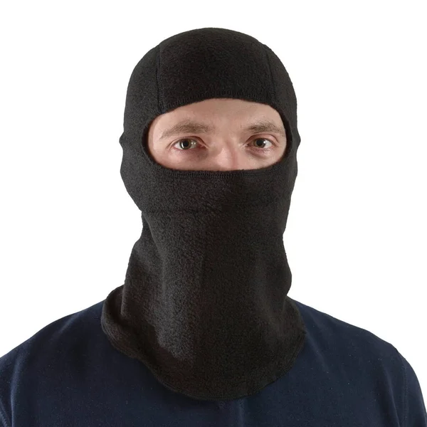 Homem morena em uma camisa azul com uma balaclava preta — Fotografia de Stock