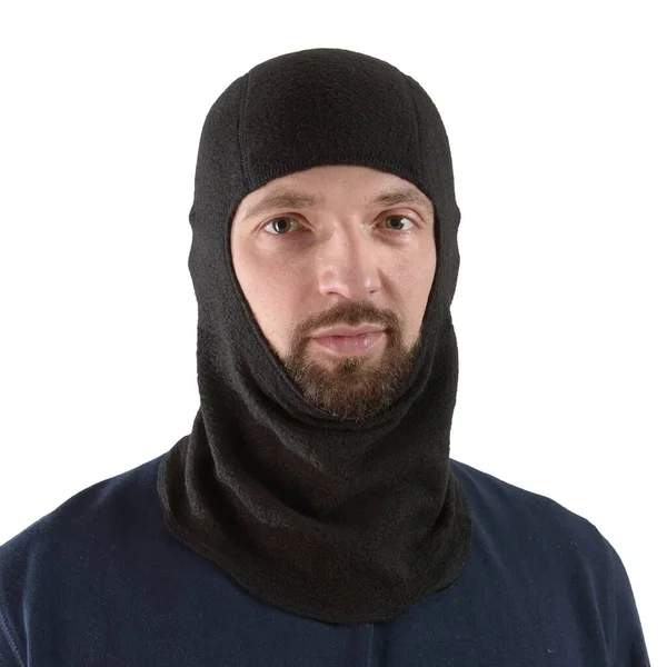 Homem morena em uma camisa azul com uma balaclava preta — Fotografia de Stock