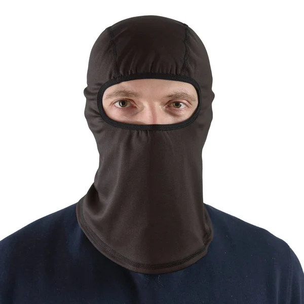 Brunette man in a blue shirt with a black balaclava — Stock Photo, Image