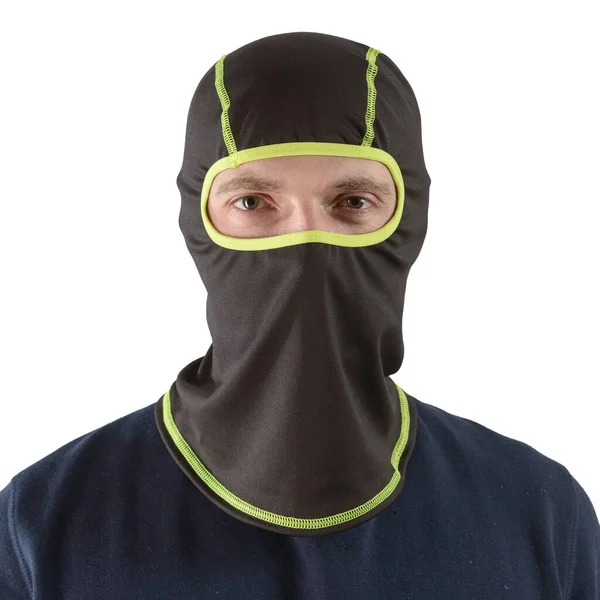 Brunette man in a blue shirt with a black balaclava with neon green edging — Stock Photo, Image