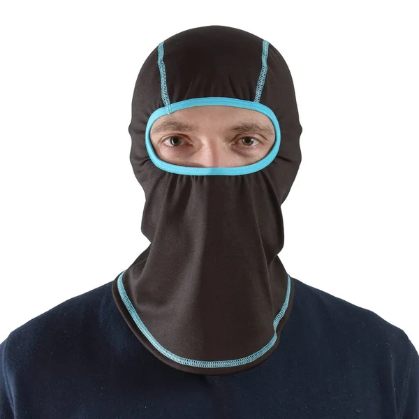 Brunette man in a blue shirt with a black balaclava with blue edging — Stock Photo, Image